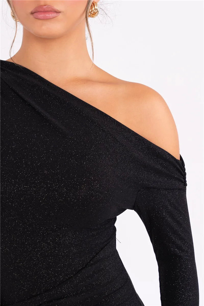 Sparkle Long Sleeve Inclined Shoulder Backless Bodycon Ruched Club Party Long Dress