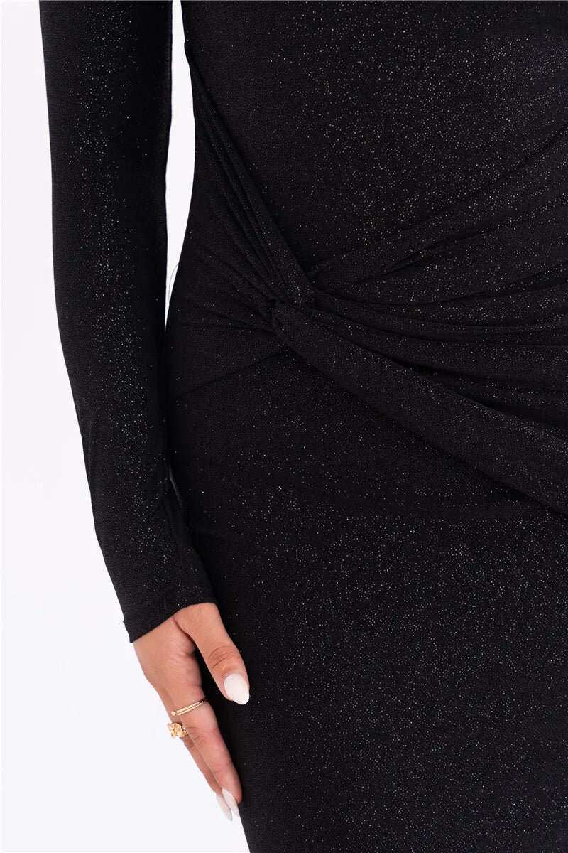 Sparkle Long Sleeve Inclined Shoulder Backless Bodycon Ruched Club Party Long Dress