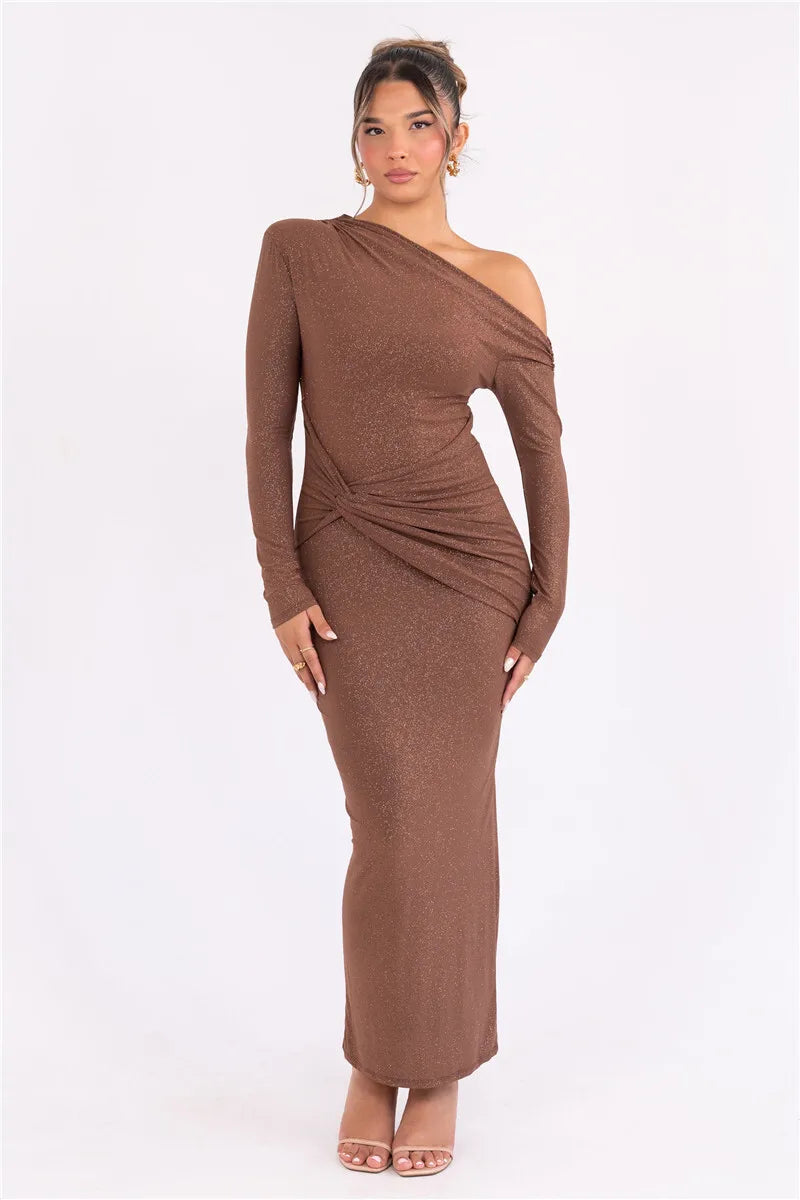 Sparkle Long Sleeve Inclined Shoulder Backless Bodycon Ruched Club Party Long Dress