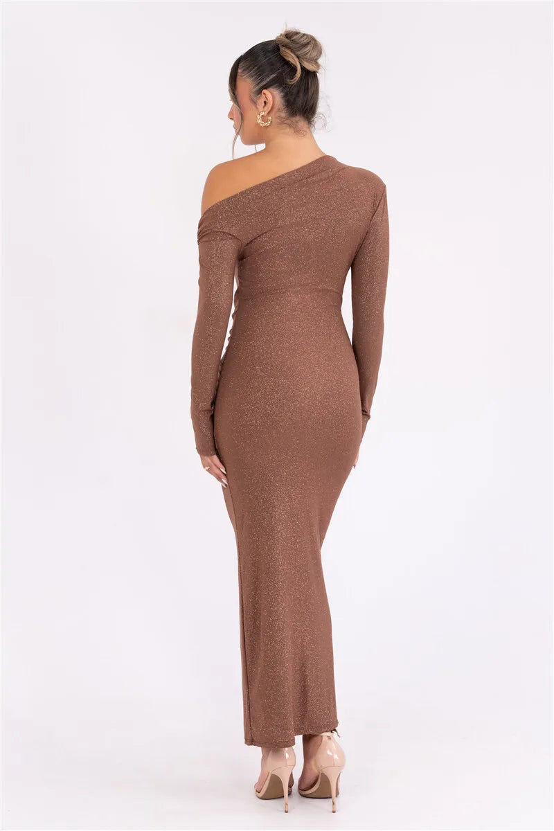 Sparkle Long Sleeve Inclined Shoulder Backless Bodycon Ruched Club Party Long Dress