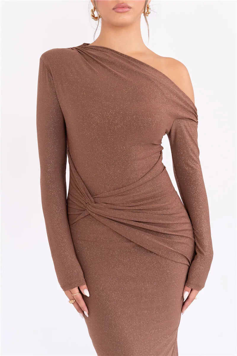 Sparkle Long Sleeve Inclined Shoulder Backless Bodycon Ruched Club Party Long Dress
