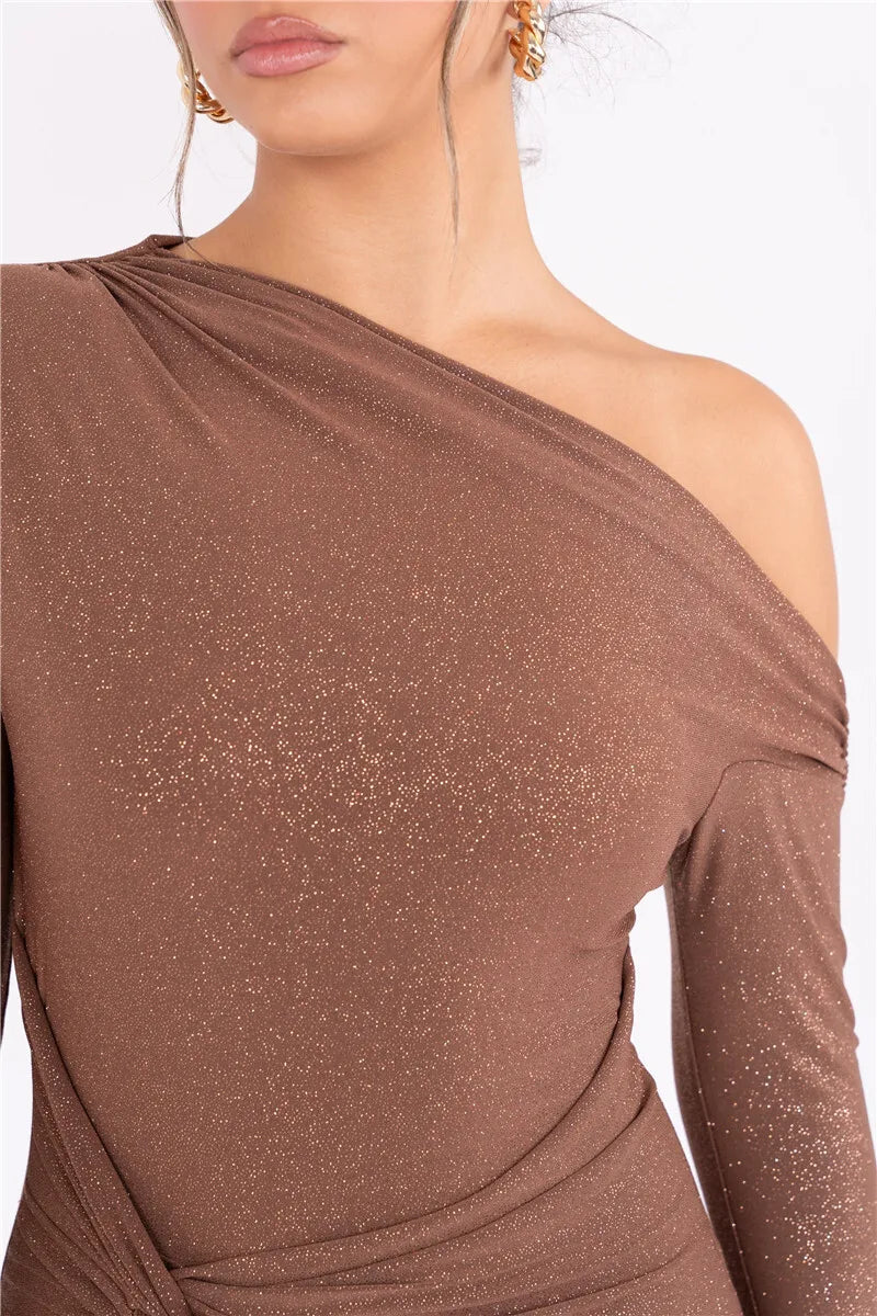 Sparkle Long Sleeve Inclined Shoulder Backless Bodycon Ruched Club Party Long Dress