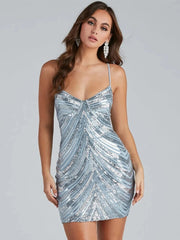 Sparkling Sequins Mini Dress Women Sleeveless Slim Bodycon Backless Dresses
