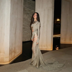 Sparkling Solid Long Sleeves Hollow Out Slim Fit Patchwork Fishtail Robe Party Evening Gown