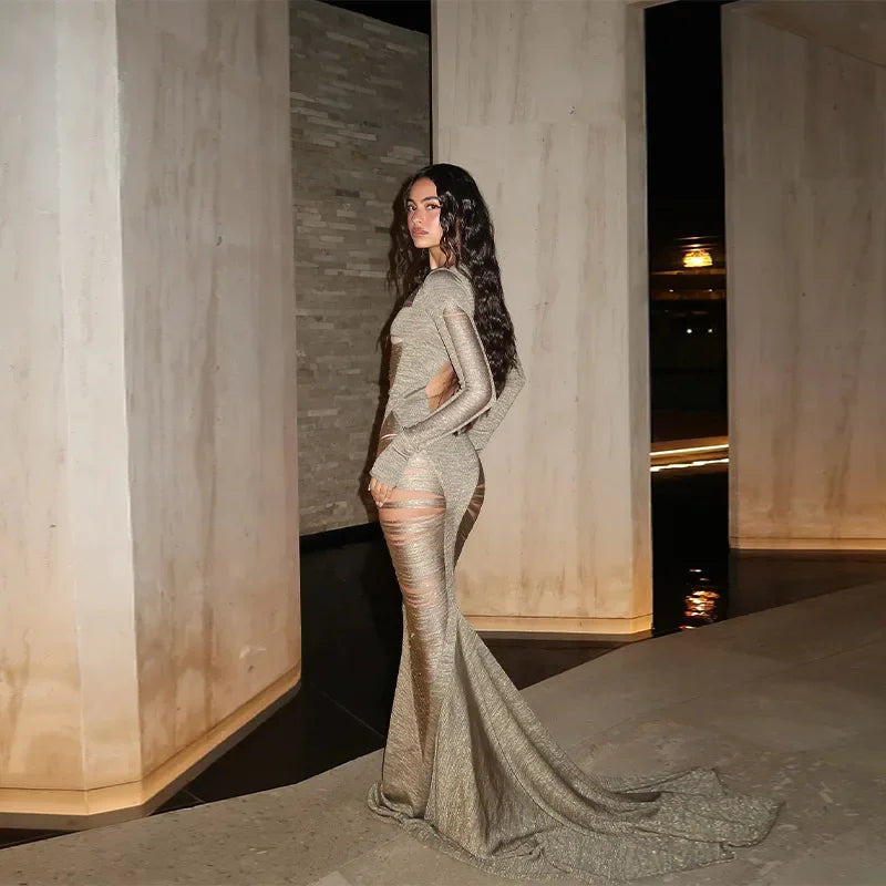 Sparkling Solid Long Sleeves Hollow Out Slim Fit Patchwork Fishtail Robe Party Evening Gown