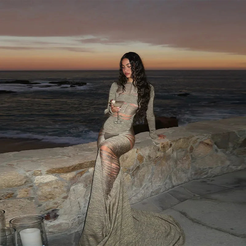 Sparkling Solid Long Sleeves Hollow Out Slim Fit Patchwork Fishtail Robe Party Evening Gown