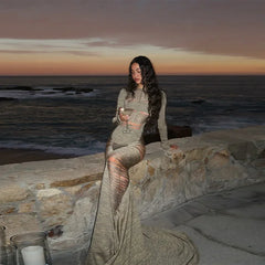 Sparkling Solid Long Sleeves Hollow Out Slim Fit Patchwork Fishtail Robe Party Evening Gown