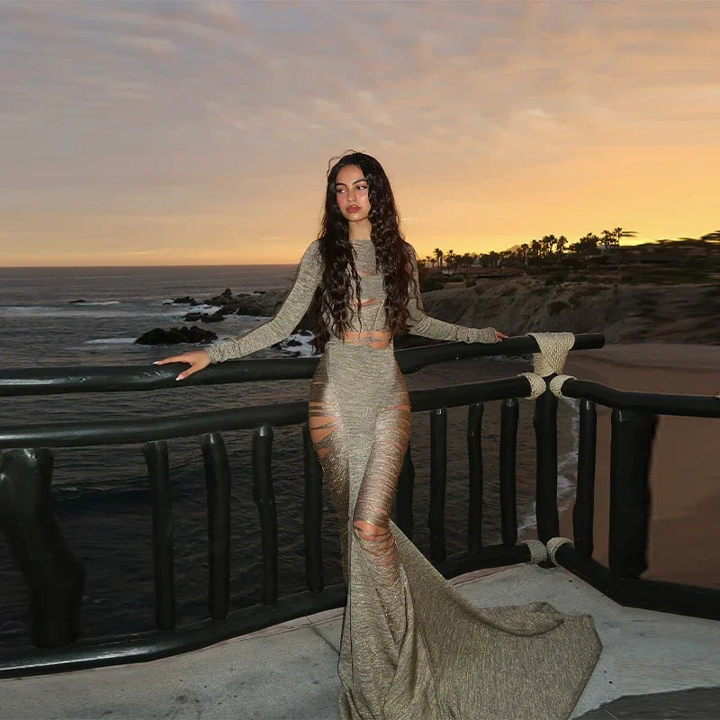 Sparkling Solid Long Sleeves Hollow Out Slim Fit Patchwork Fishtail Robe Party Evening Gown