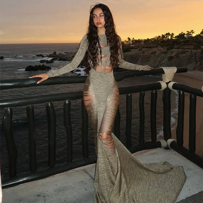 Sparkling Solid Long Sleeves Hollow Out Slim Fit Patchwork Fishtail Robe Party Evening Gown