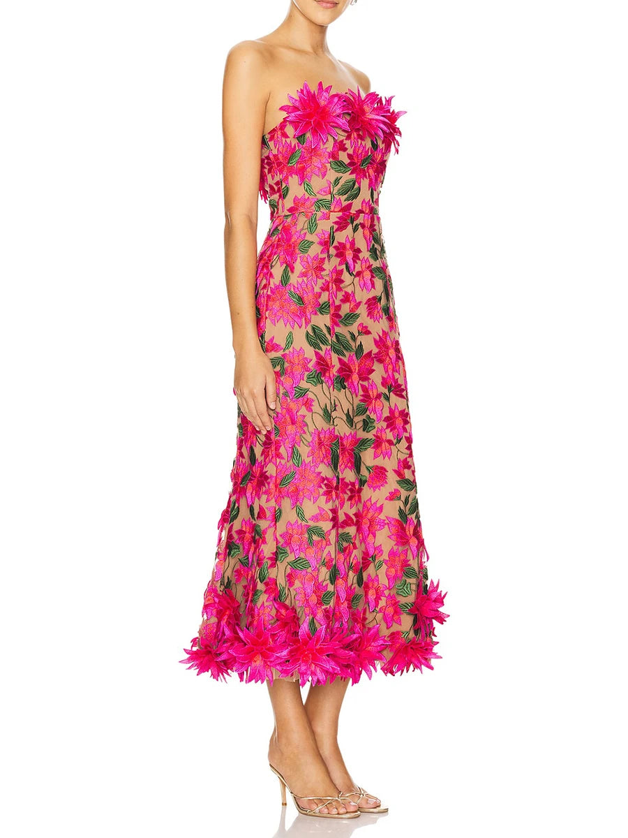 Spliced Appliques Strapless Sleeveless High Waist Temperament Dress