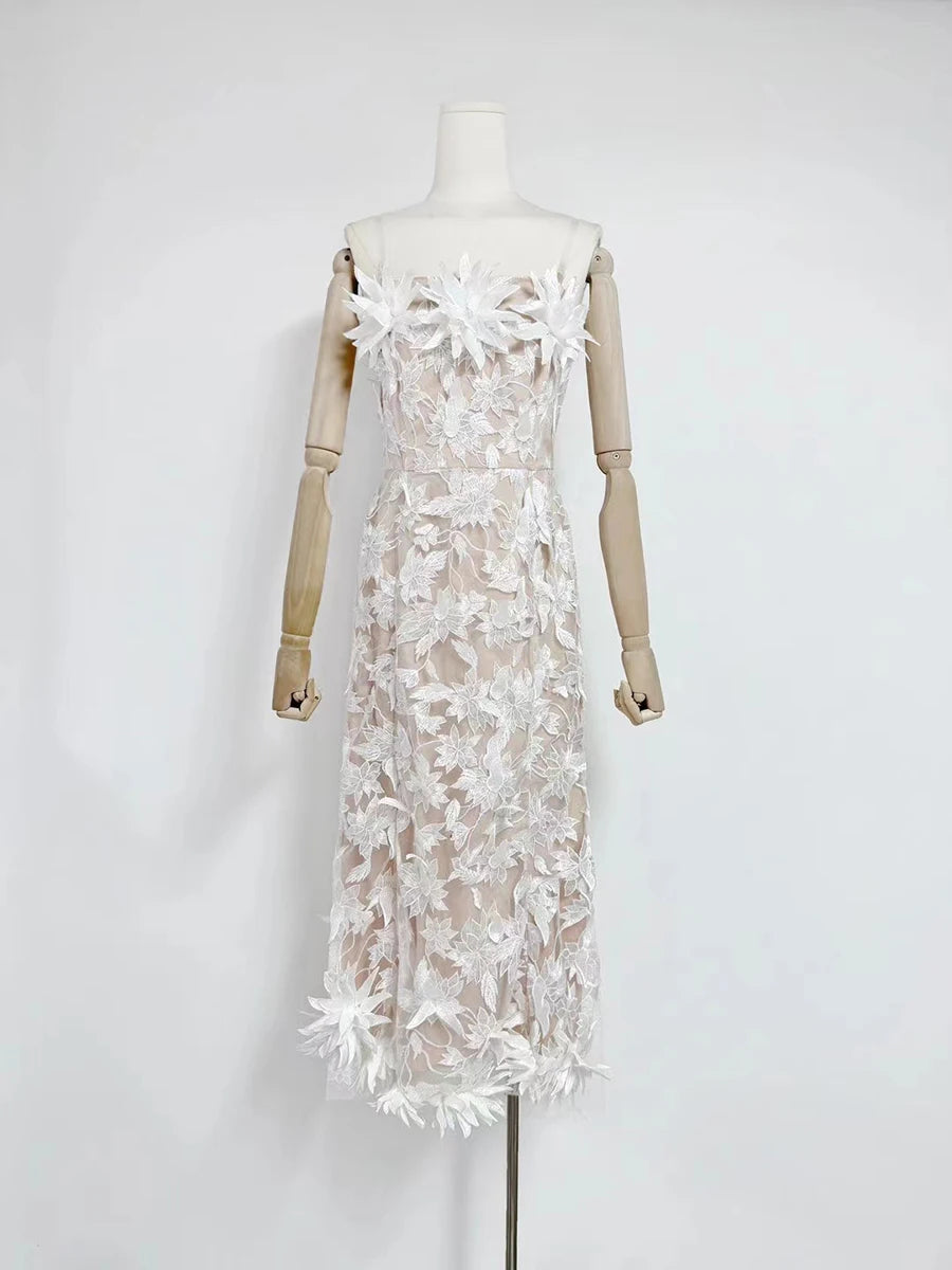 Spliced Appliques Strapless Sleeveless High Waist Temperament Dress