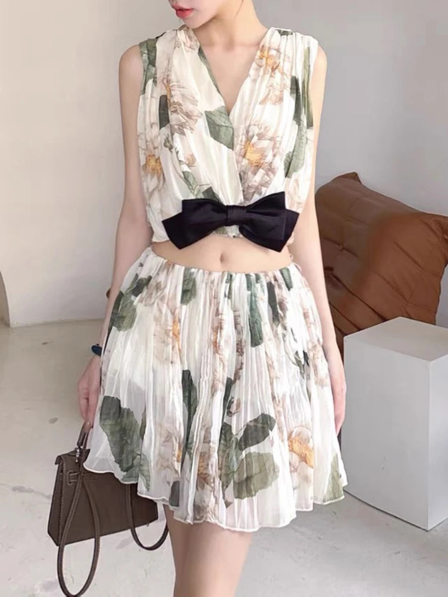 Spliced Bowknot V Neck Sleeveless High Waist Temperament Dress