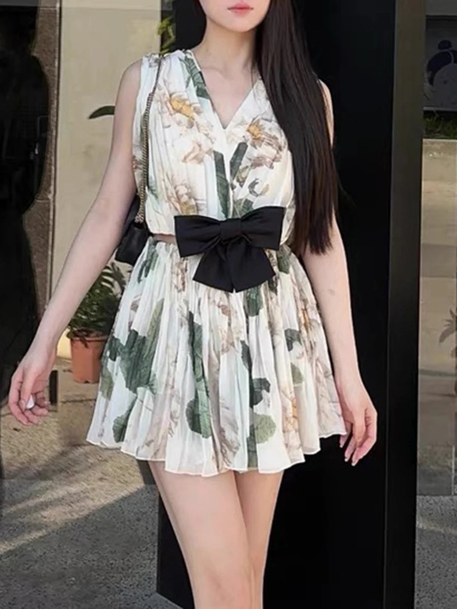 Spliced Bowknot V Neck Sleeveless High Waist Temperament Dress