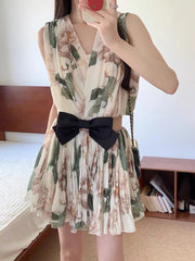 Spliced Bowknot V Neck Sleeveless High Waist Temperament Dress