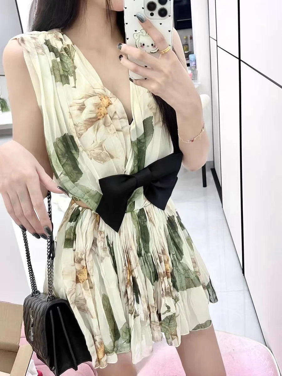 Spliced Bowknot V Neck Sleeveless High Waist Temperament Dress