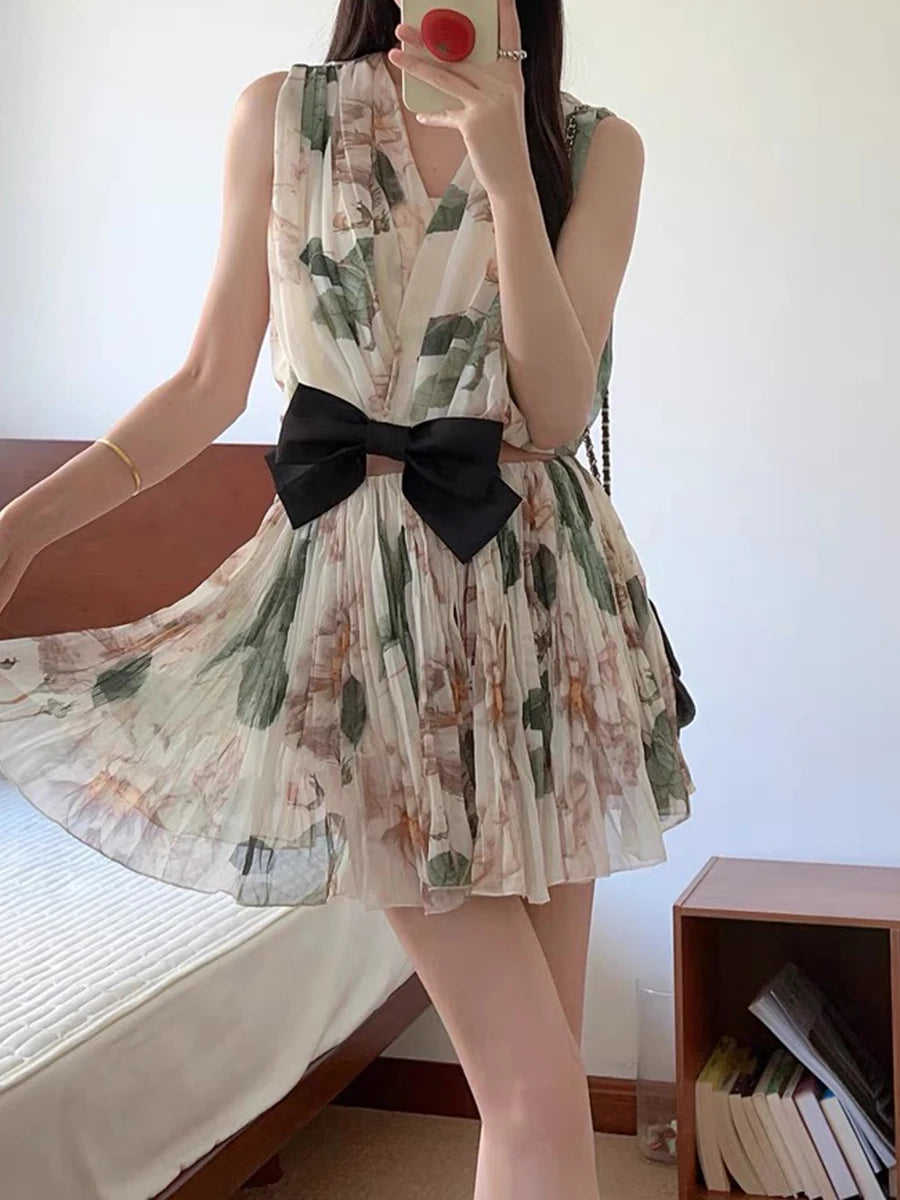 Spliced Bowknot V Neck Sleeveless High Waist Temperament Dress