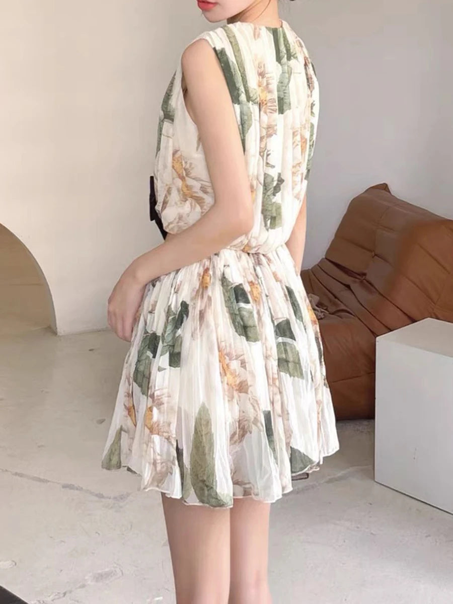Spliced Bowknot V Neck Sleeveless High Waist Temperament Dress