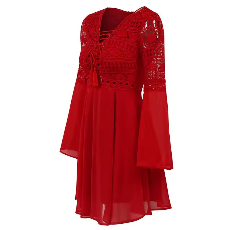 Casual Long Sleeve Ruffle Patchwork Chiffon A Line Mini Dress