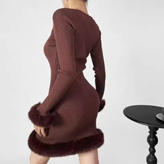 Spliced Faux Fur Shaggy Cuff Full Sleeve Square Neck Rib Knitted Sweater Dress