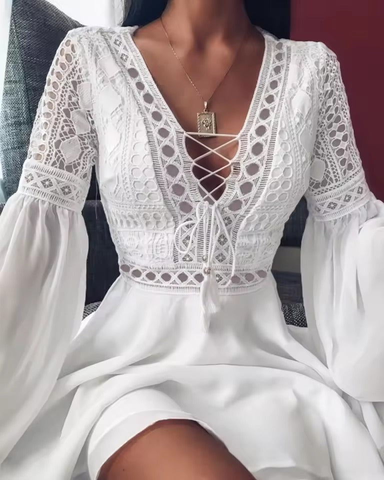 Casual Long Sleeve Ruffle Patchwork Chiffon A Line Mini Dress