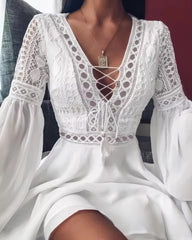 Casual Long Sleeve Ruffle Patchwork Chiffon A Line Mini Dress