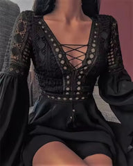Casual Long Sleeve Ruffle Patchwork Chiffon A Line Mini Dress