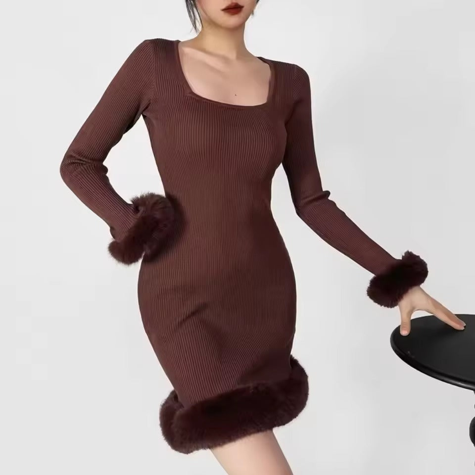 Spliced Faux Fur Shaggy Cuff Full Sleeve Square Neck Rib Knitted Sweater Dress