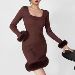 Spliced Faux Fur Shaggy Cuff Full Sleeve Square Neck Rib Knitted Sweater Dress