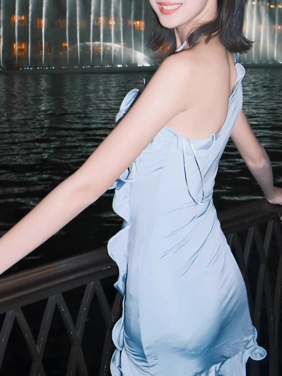 Spliced Folds Diagonal Collar Sleeveless High Waist Temperament Dress