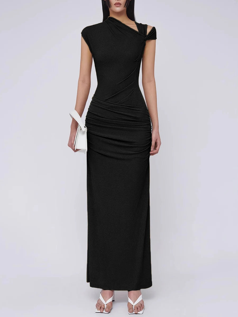 Spliced Folds Diagonal Collar Sleeveless High Waist Temperament Long Dress
