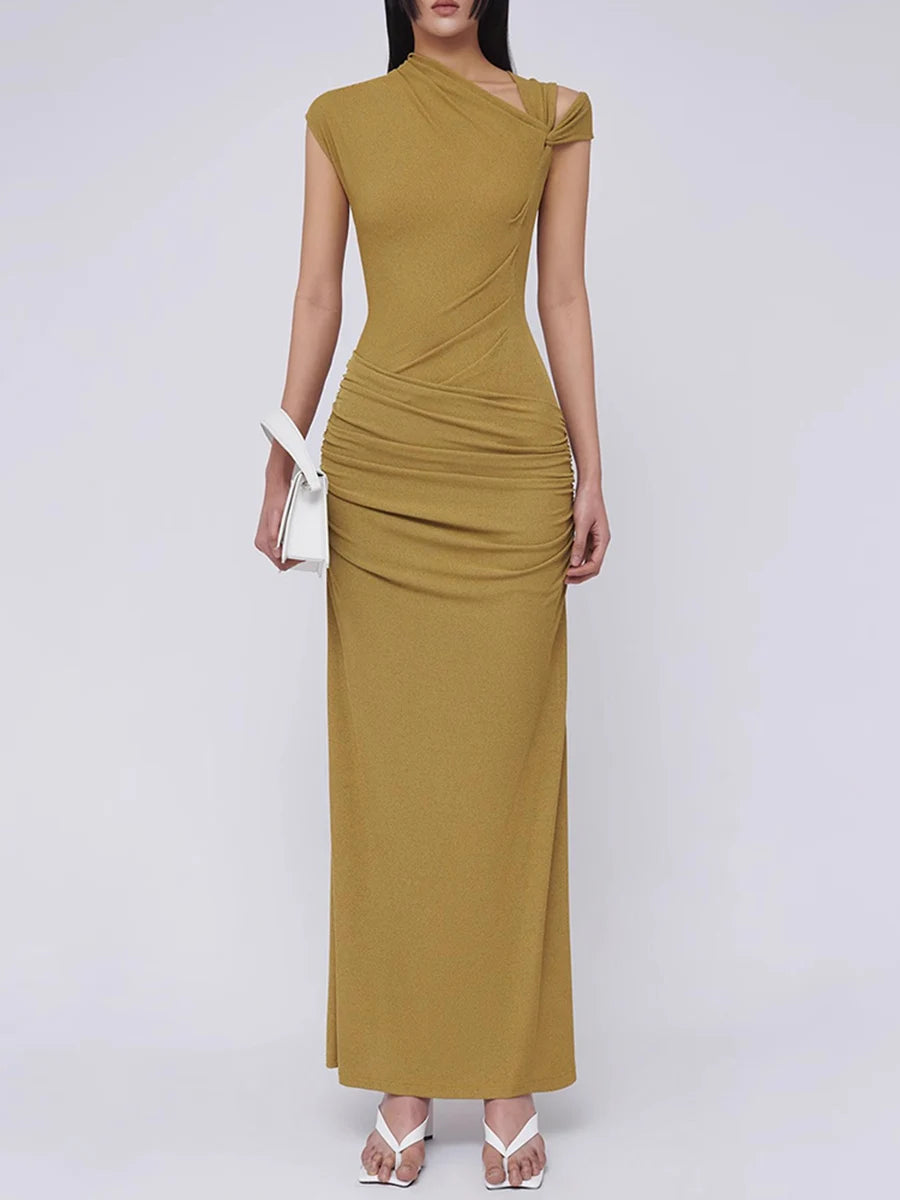 Spliced Folds Diagonal Collar Sleeveless High Waist Temperament Long Dress