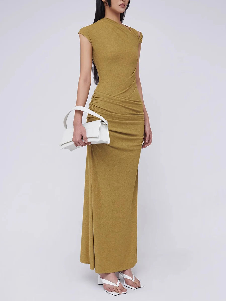Spliced Folds Diagonal Collar Sleeveless High Waist Temperament Long Dress