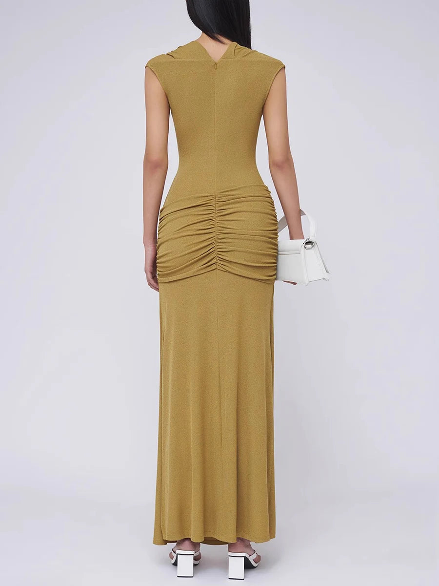 Spliced Folds Diagonal Collar Sleeveless High Waist Temperament Long Dress