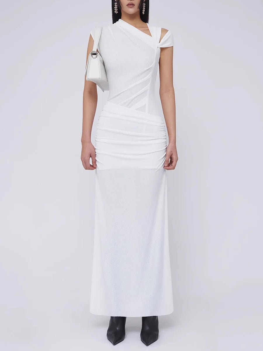 Spliced Folds Diagonal Collar Sleeveless High Waist Temperament Long Dress