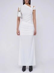 Spliced Folds Diagonal Collar Sleeveless High Waist Temperament Long Dress