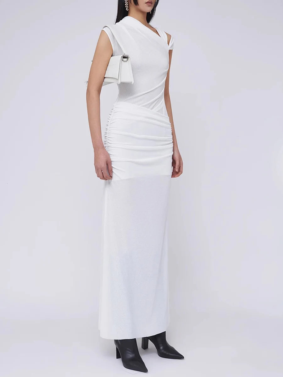 Spliced Folds Diagonal Collar Sleeveless High Waist Temperament Long Dress