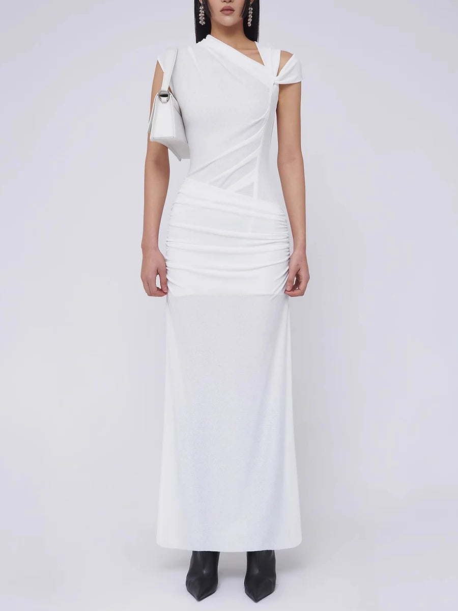 Spliced Folds Diagonal Collar Sleeveless High Waist Temperament Long Dress