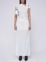 Spliced Folds Diagonal Collar Sleeveless High Waist Temperament Long Dress