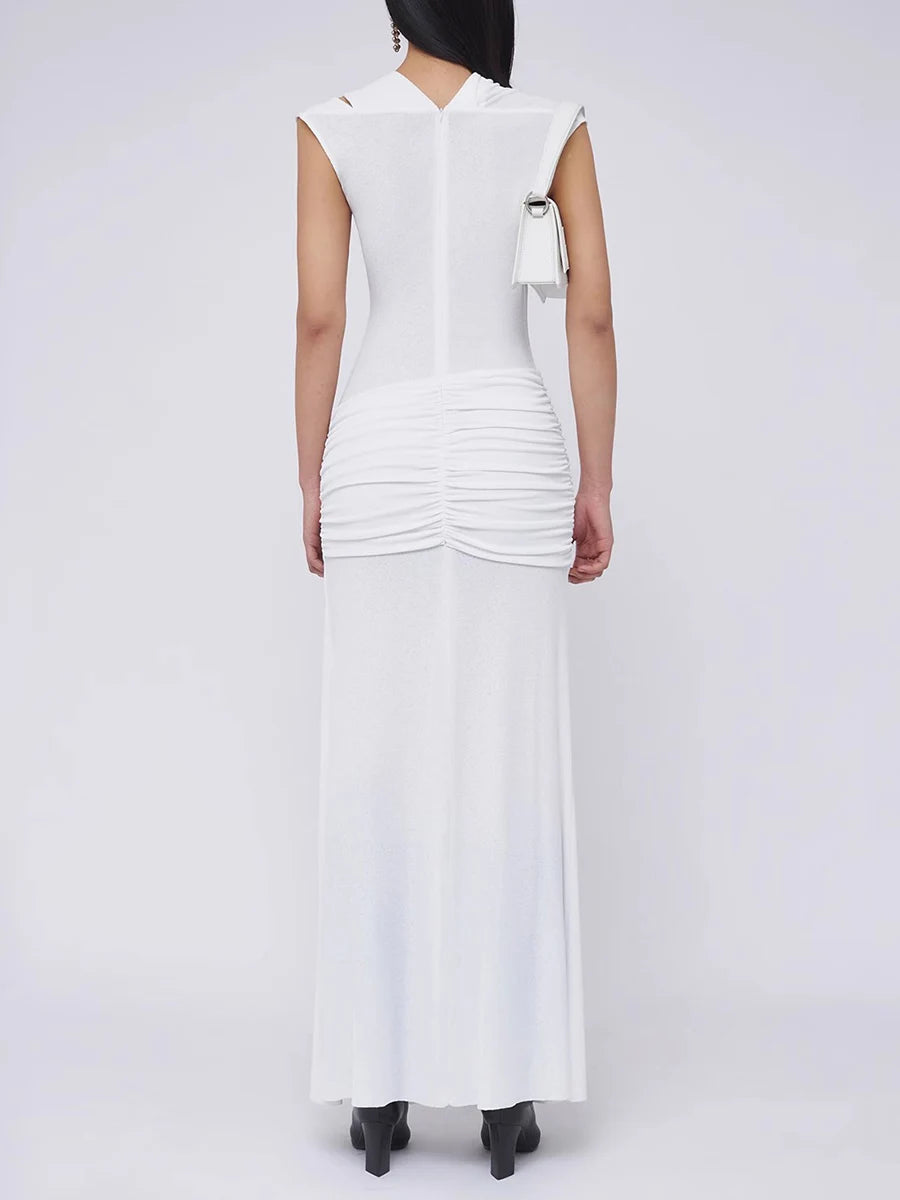 Spliced Folds Diagonal Collar Sleeveless High Waist Temperament Long Dress