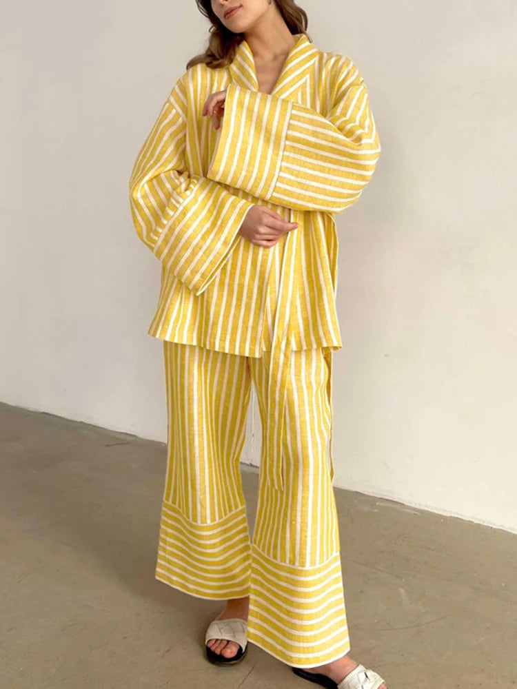 Spliced Lace Up Two Piece Set Lapel Long Sleeve Top High Waist Pants Loose Sets