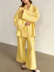 Spliced Lace Up Two Piece Set Lapel Long Sleeve Top High Waist Pants Loose Sets