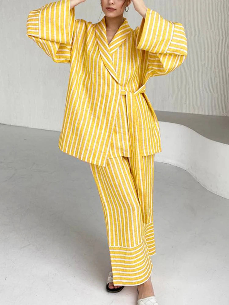 Spliced Lace Up Two Piece Set Lapel Long Sleeve Top High Waist Pants Loose Sets