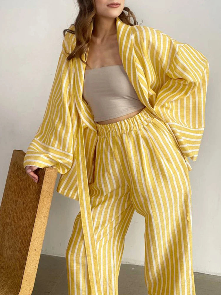 Spliced Lace Up Two Piece Set Lapel Long Sleeve Top High Waist Pants Loose Sets