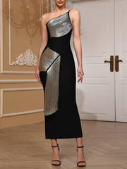 Spliced Tassel Slanted Collar Sleeveless High Waist Temperament Slimming Dresses