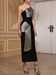 Spliced Tassel Slanted Collar Sleeveless High Waist Temperament Slimming Dresses