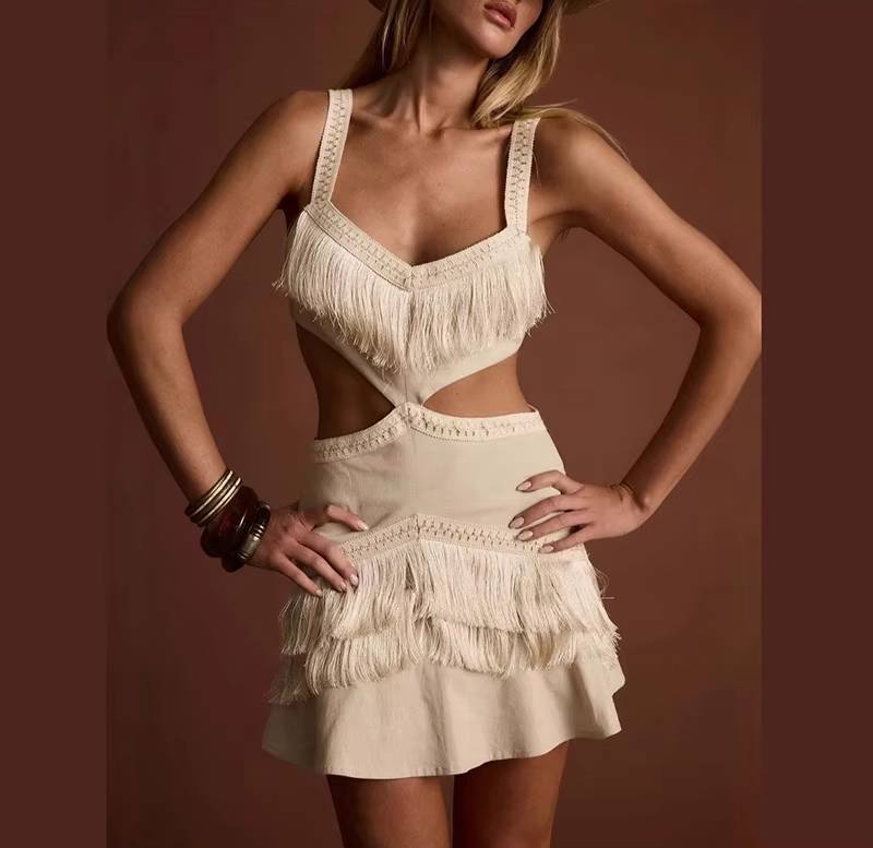 Spliced V-neck Sleeveless Backless Tassels Hollow Out Sling Short Dress