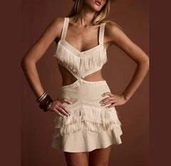 Spliced V-neck Sleeveless Backless Tassels Hollow Out Sling Short Dress