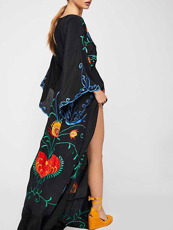 Split Dresses Embroidered Sleeves Beach Dress