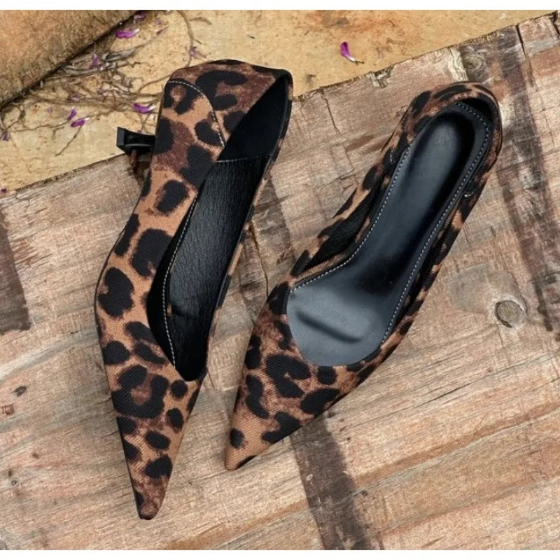 Spring Design Leopard Print Pumps Pointed Toe Thin Low Heel