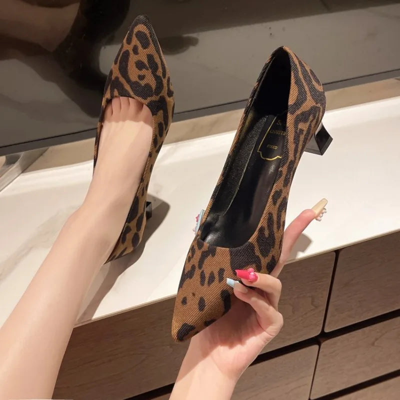 Spring Design Leopard Print Pumps Plus Size Pointed Toe Thin Low Heel